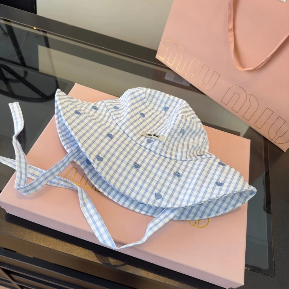Miu Miu Blue White Gingham Heart Embroidery Bucket Hat